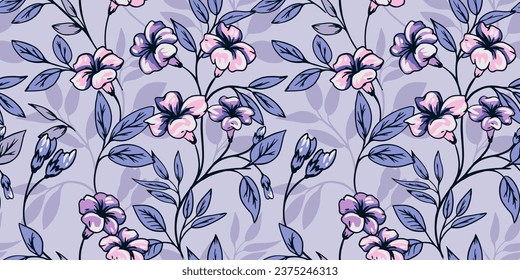 Blooming artistic flowers branches and leaves intertwined in a seamless pattern. Vector hand drawn floral stem blue print. Template for design, fabric, fashion, textile, wallpaper