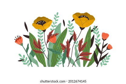 Blooming autumn flowers with blossomed buds and leaf. Modern botanical border for decoration. Beautiful delicate wildflowers. Textured flat vector illustration isolated on white background