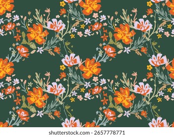 Blooming autumn meadow seamless pattern. Plant background for fashion, wallpapers, print. A lot of different flowers on the field. Liberty style millefleurs. Trendy floral design
