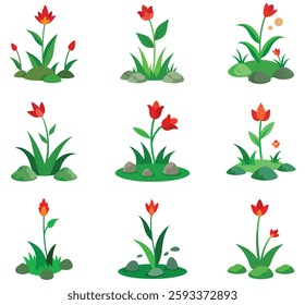 Blooming Parrot’s Beak flowers vector illustration among the green grass and stone on a white background