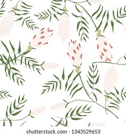 Blooming beautiful floral seamless pattern. Blossom botanical motifs scattered random. Trendy colorful vector texture. Fashion, ditsy print, fabric. Hand drawn wild meadow flowers on white background