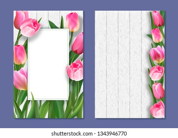 Blooming beautiful pink tulip flowers on white wooden background. Vector set of floral for wedding invitations, voucher, brochures and banners design. Greeting card template