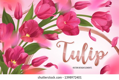 Blooming beautiful pink tulip flowers background template. Vector set of blooming floral for wedding invitations, greeting card, voucher, brochures and banners design.