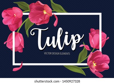 Blooming beautiful pink tulip flowers on blue background template. Vector set of blooming floral for wedding invitations, greeting card, voucher, brochures and banners design.