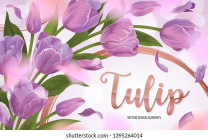 Blooming beautiful purple tulip flowers background template. Vector set of blooming floral for wedding invitations, greeting card, voucher, brochures and banners design.