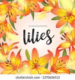 Blooming beautiful yellow lily flowers background template. Vector set of blooming floral for wedding invitations, greeting card, voucher, brochures and banners design.