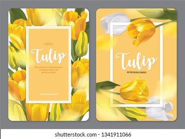 Blooming beautiful yellow tulip flowers background template. Vector set of blooming floral for wedding invitations, greeting card, voucher, brochures and banners design.