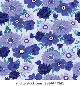 Blooming blue flower and leaf seamless pattern, beautiful blossom background