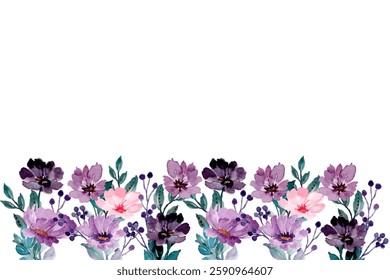 Blooming botanical flowers background. Purple wild flower on white background. 
