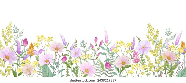 Blooming botanical flowers border frame. Yellow, pink and purple wild flower on white background.Colorful garden. vector illustration.