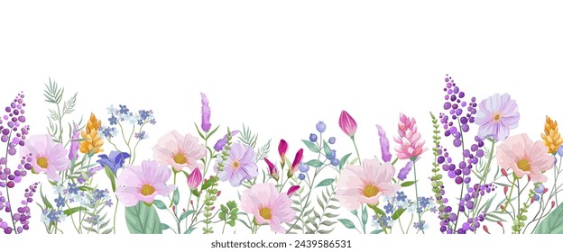 Blooming botanical flowers border frame. Pink, purple, blue and  orange wild flower on white background.Colorful garden. vector illustration.