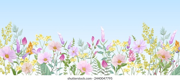 Blooming botanical flowers border frame. Yellow, pink and purple wild flower on sky background.Colorful garden. vector illustration.