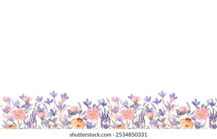 Blooming botanical flowers border frame. pink and purple wild flower on white background. Colorful garden. vector illustration.