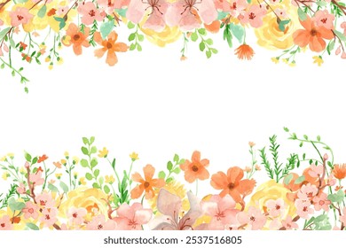 Blooming botanical flowers border frame.  wild flower on white background. Colorful garden. vector illustration.