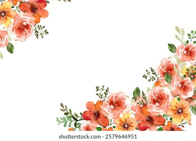 Blooming botanical flowers border frame. Beautiful flower on white background.