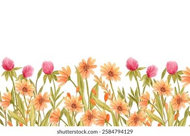 Blooming botanical flowers border frame. Watercolor wild flower on white background.