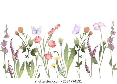 Blooming botanical flowers border frame. Watercolor wild flower on white background.