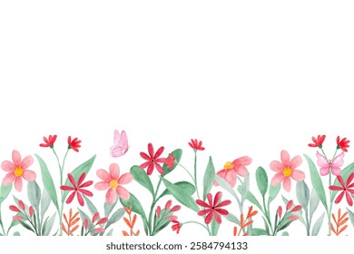 Blooming botanical flowers border frame. Watercolor wild flower on white background.