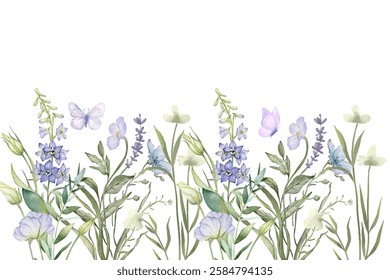 Blooming botanical flowers border frame. Watercolor wild flower on white background.