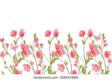 Blooming botanical flowers border frame. Watercolor wild flower on white background.