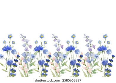 Blooming botanical flowers border frame. Watercolor wild flower on white background.