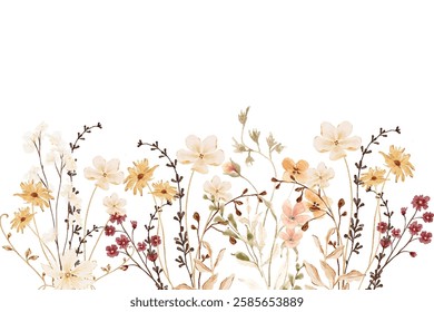 Blooming botanical flowers border frame. Watercolor wild flower on white background.