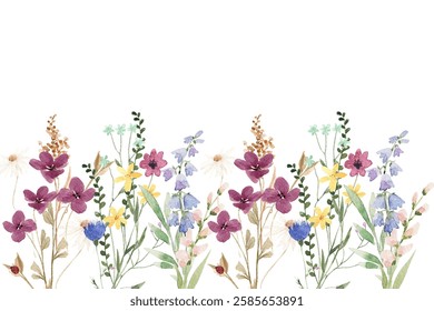 Blooming botanical flowers border frame. Watercolor wild flower on white background.