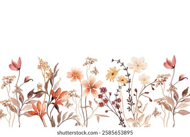 Blooming botanical flowers border frame. Watercolor wild flower on white background.