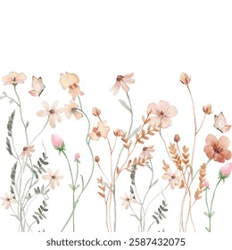 Blooming botanical flowers border frame soft color. Wild flower and butterflies on white background. 