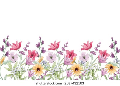 Blooming botanical flowers border frame. colorful wild flower on white background. Colorful garden vector illustration.