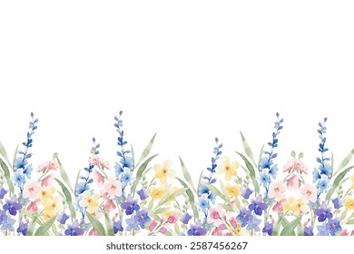 Blooming botanical flowers border frame. colorful wild flower on white background.