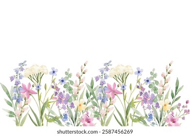 Blooming botanical flowers border frame. colorful wild flower on white background.