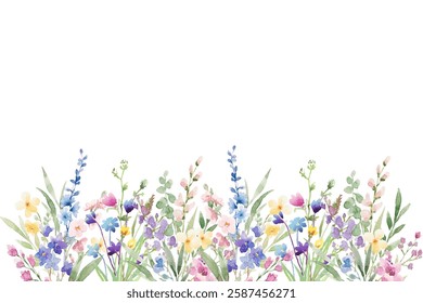 Blooming botanical flowers border frame. colorful wild flower on white background.