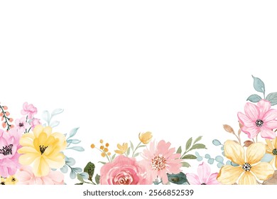 Blooming botanical watercolor flowers border frame. colorful flower on white background.