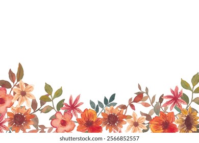 Blooming botanical watercolor flowers border frame. colorful flower on white background.