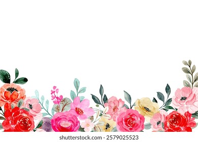 Blooming botanical watercolor flowers border frame. colorful flower on white background.