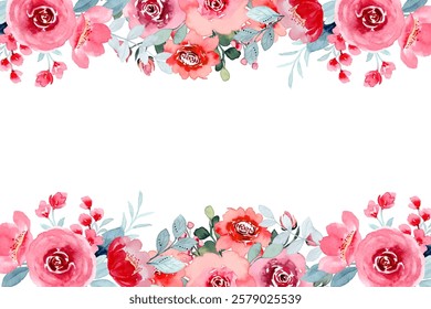 Blooming botanical watercolor flowers border frame. colorful flower on white background.