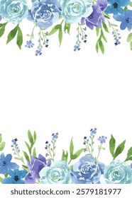 Blooming botanical watercolor flowers border frame.