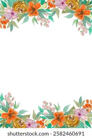 Blooming botanical watercolor flowers border frame. colorful flower on white background.