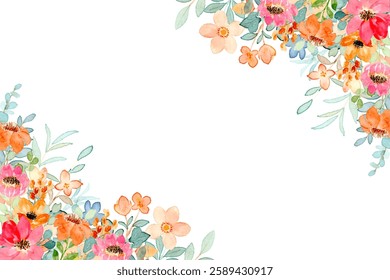 Blooming botanical watercolor flowers border frame. colorful flower on white background.