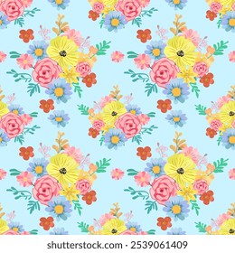 Blooming botanical wild flower seamless pattern on background colorful garden vector illustration.Design for wreath,wedding ,decorative,invitations,wallpaper ,greeting card.