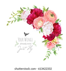 Blooming bouquet floral vector frame with ranunculus, peony, rose, green plants on white. Pink, burgundy red and white flowers. Crescent shape bouquet. All elements are isolated and editable