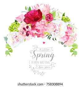 Blooming bouquet floral vector frame with peony, rose, protea, hydrangea, green plants. Pink, burgundy red and white flowers. Tiara shape bouquet. All elements are isolated and editable