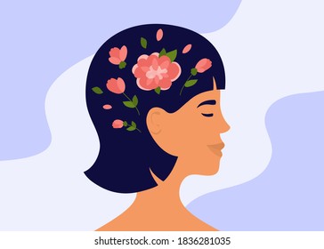 Blooming brain. Flowers inside woman head. Female mental health, psychology. Mindfulness, positive thinking, self care. Love yourself, slow life, wellness mind concept. Acceptance vector illustration