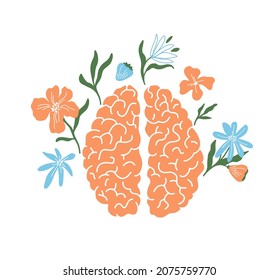 Blooming Brain Vector Art. Wellness Mind, Mental Health, Positive Think, Wellbeing. Human Brain In Flowers. Self Care, Psychology, Therapy. Psychologist Help, Growth. Anatomy Abstract Illustration