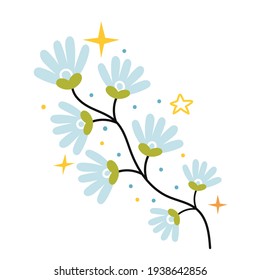 Blooming branch with blue flowers. Early spring. Vintage illustration in pastel colors. Flat design. Simple Hand drawn illustration. Minimalistic elegant concept.