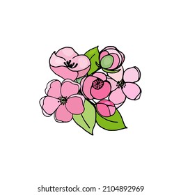 Blühender Ast der Kirsche, Sakura, Apfelbaum mit Blättern, Knospen, Blumen, Vektorgrafik mit schwarzem Umriss und bunter Füllung. Vektorgrafik für festes Design-Poster, с, Tee-Shirt, Dekor.