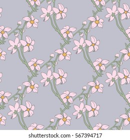 Blooming branch of cherry. Vector seamless pattern.