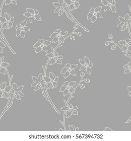 Blooming branch of cherry. Vector seamless pattern.