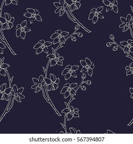 Blooming branch of cherry. Vector seamless pattern.
